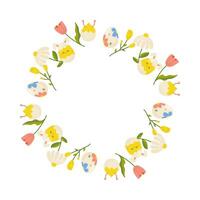 Easter eggs and flowers round frame, ornament, spring. On white isolated background. For your postcard design, invitations, congratulations vector