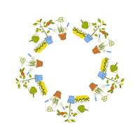 Garden round frame, ornament, spring. Planting plants, stock, garden gnome, plants. gardening. On white isolated background. vector