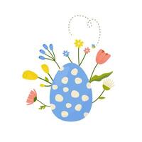 Easter egg with flowers, concept in cartoon style for card, print, sticker, postcard. Vector illustration on white background.