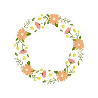 Floral round frame, ornament, spring colors. On white isolated background. For your postcard design, invitations, congratulations vector