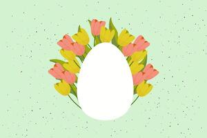 mockup easter egg with copy space , tulips on background, green light background with black dots vector