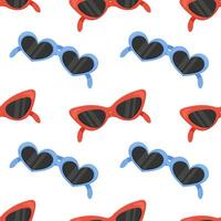 Seamless pattern, different sunglasses, heart shaped red and blue, vector. For wrapping paper, fabric, background vector