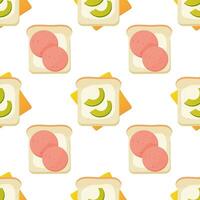Seamless pattern, breakfast sandwiches, toast with avacado and sausage, vector. For wrapping paper, fabric, background vector