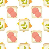 Seamless pattern, breakfast sandwiches, toast with avacado and sausage, vector. For wrapping paper, fabric, background vector