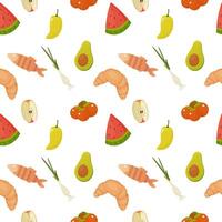 Seamless pattern, different products, food. fish, pepper, tomato, watermelon, croissant, vector. For wrapping paper, fabric, background vector