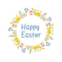 happy easter, frame with flowers and eggs on white background, copy space. Vector illustration for postcard design, banner, congratulations