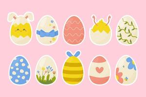 Stickers spring easter eggs on pink background with stroke. vector illustration