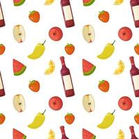 Seamless pattern, different products, food. fish, pepper, tomato, watermelon, croissant, vector. For wrapping paper, fabric, background vector