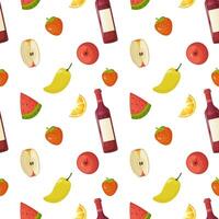 Seamless pattern, different products, food. fish, pepper, tomato, watermelon, croissant, vector. For wrapping paper, fabric, background vector