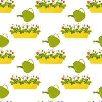 Seamless pattern garden strawberry in pot, watering. Vector illustration. For your design, wrapping paper, fabric.