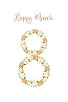 March 8, floral number and caption for your card, congratulations. vector illustration on white background