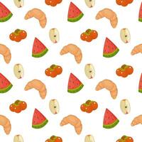 Seamless pattern, different products, food. fish, pepper, tomato, watermelon, croissant, vector. For wrapping paper, fabric, background vector