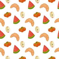 Seamless pattern, different products, food. fish, pepper, tomato, watermelon, croissant, vector. For wrapping paper, fabric, background vector