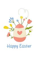 happy easter, easter egg on white background with flowers, decor for your card, greetings. vector illustration
