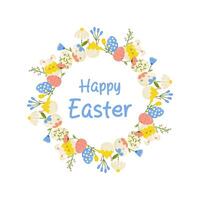 happy easter, frame with flowers and eggs on white background, copy space. Vector illustration for postcard design, banner, congratulations