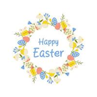 happy easter, frame with flowers and eggs on white background, copy space. Vector illustration for postcard design, banner, congratulations