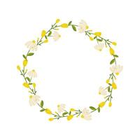 Floral round frame, ornament, spring colors. On white isolated background. For your postcard design, invitations, congratulations vector