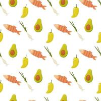 Seamless pattern, different products, food. fish, pepper, tomato, watermelon, croissant, vector. For wrapping paper, fabric, background vector
