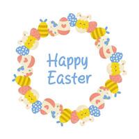 happy easter, frame with flowers and eggs on white background, copy space. Vector illustration for postcard design, banner, congratulations