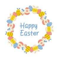 happy easter, frame with flowers and eggs on white background, copy space. Vector illustration for postcard design, banner, congratulations