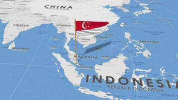 Singapore bandiera agitando con il mondo carta geografica, senza soluzione di continuità ciclo continuo nel vento, 3d interpretazione video