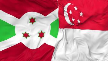 Singapore and Burundi Flags Together Seamless Looping Background, Looped Bump Texture Cloth Waving Slow Motion, 3D Rendering video