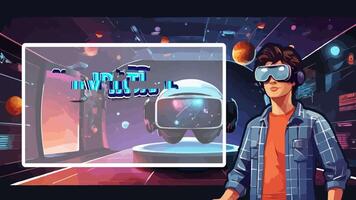 AI generated Virtual reality intro animation video with headline text and a character wearing virtual glasses. technology concept