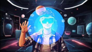 AI generated Virtual reality intro animation video with headline text and a character wearing virtual glasses. technology concept