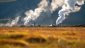 AI generated Smoke from chimneys of a power station in the field. photo