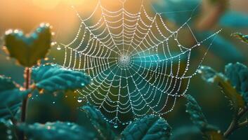 AI generated Spider web with dew drops in the morning. Nature background. photo