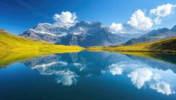 AI generated Snowcapped mountains reflecting in alpine lake amidst green meadows photo
