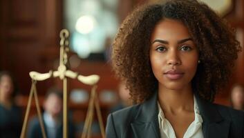 AI generated Portrait of beautiful African American businesswoman with scales in office photo