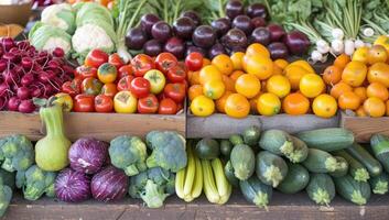 AI generated Variety of fresh colorful vegetables displayed at market photo