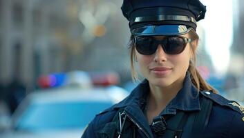 ai generado mujer policía patrullando ciudad calle foto