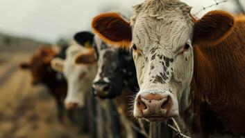 AI generated Cows lined up at fence on overcast day photo