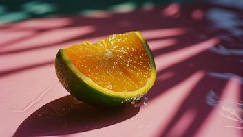 ai generado jugoso naranja rebanada fundición sombra en rosado superficie foto