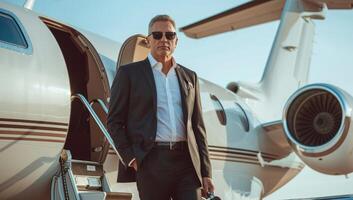 AI generated Mature businessman boarding private jet photo