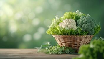 AI generated Cauliflower and green lettuce in a basket on wooden table with bokeh background photo