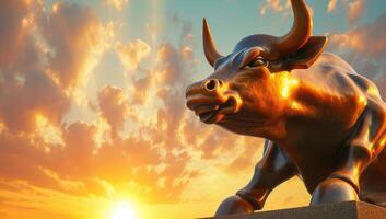 AI generated Majestic Bull Statue Illuminated by Sunset Symbolizing Financial Growth photo