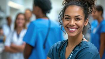 ai generado retrato de sonriente africano americano enfermero en pie en hospital corredor foto