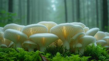 AI generated Illuminated mushrooms in a misty forest photo