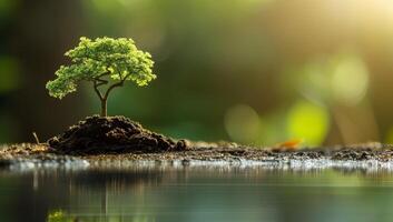 AI generated Small tree sprouts from soil against a backdrop of natural bokeh light photo