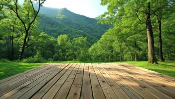 AI generated Wooden floor in the green forest with mountains and trees in the background photo