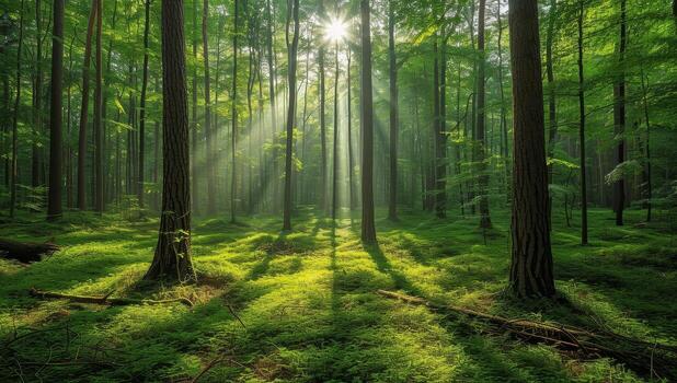 AI generated Morning in the green forest with sunbeams and rays of light photo