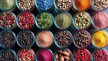 AI generated Colorful spices and herbs in glass jars, top view. Food background photo