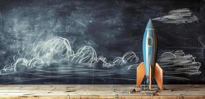 AI generated Rocket ship model on wooden table against chalkboard with cloud drawings photo