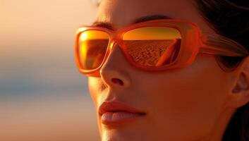 ai generado mujer en naranja Gafas de sol a playa durante puesta de sol foto