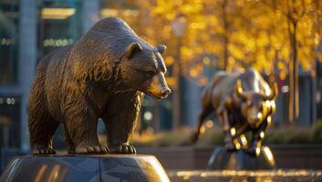 AI generated Bear and bull statues in golden light photo