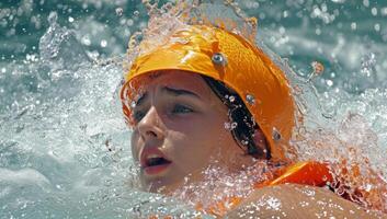 AI generated Young woman swimming in a pool with splashes of water on her face photo