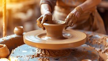 AI generated Hands of the potter, creating an earthen jar on the circle photo